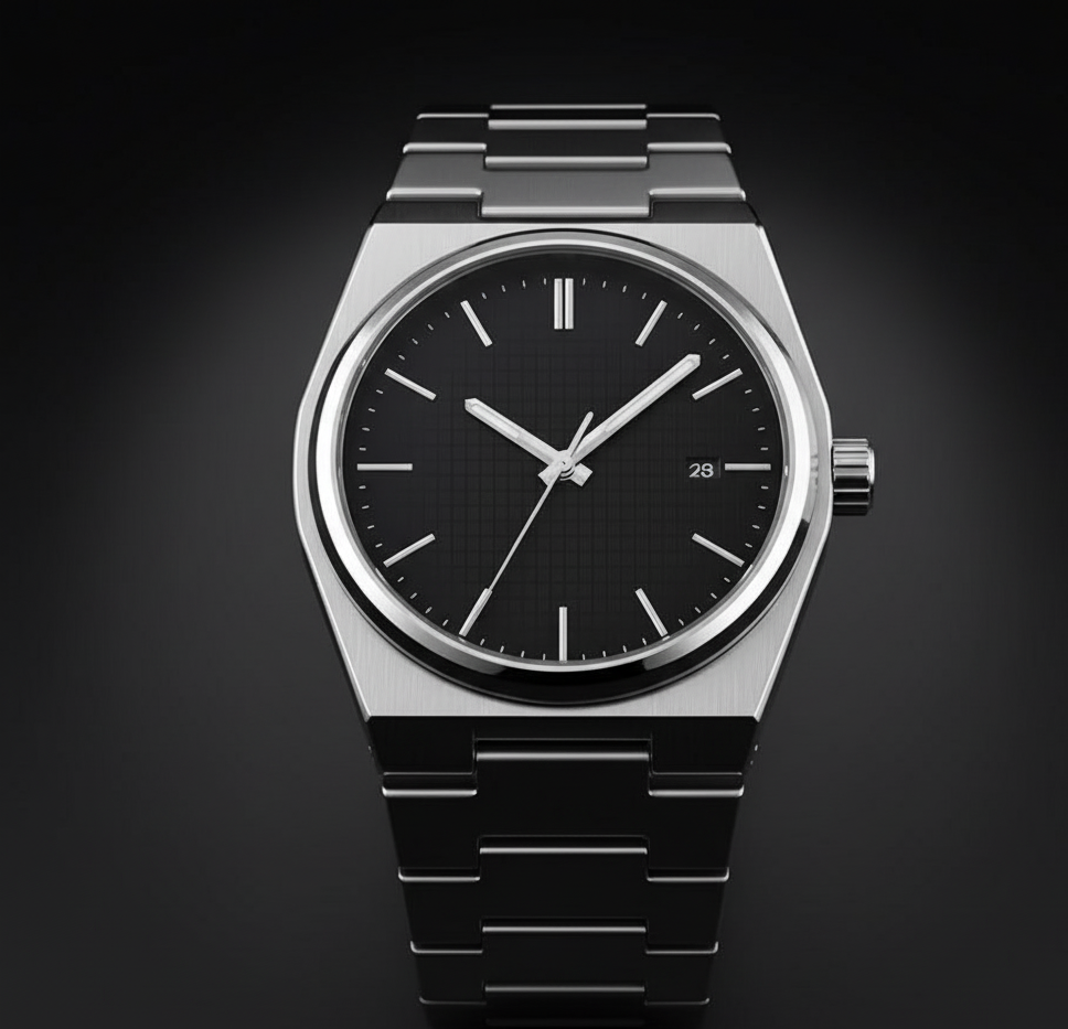 Men's black octagonal quartz watch metal band