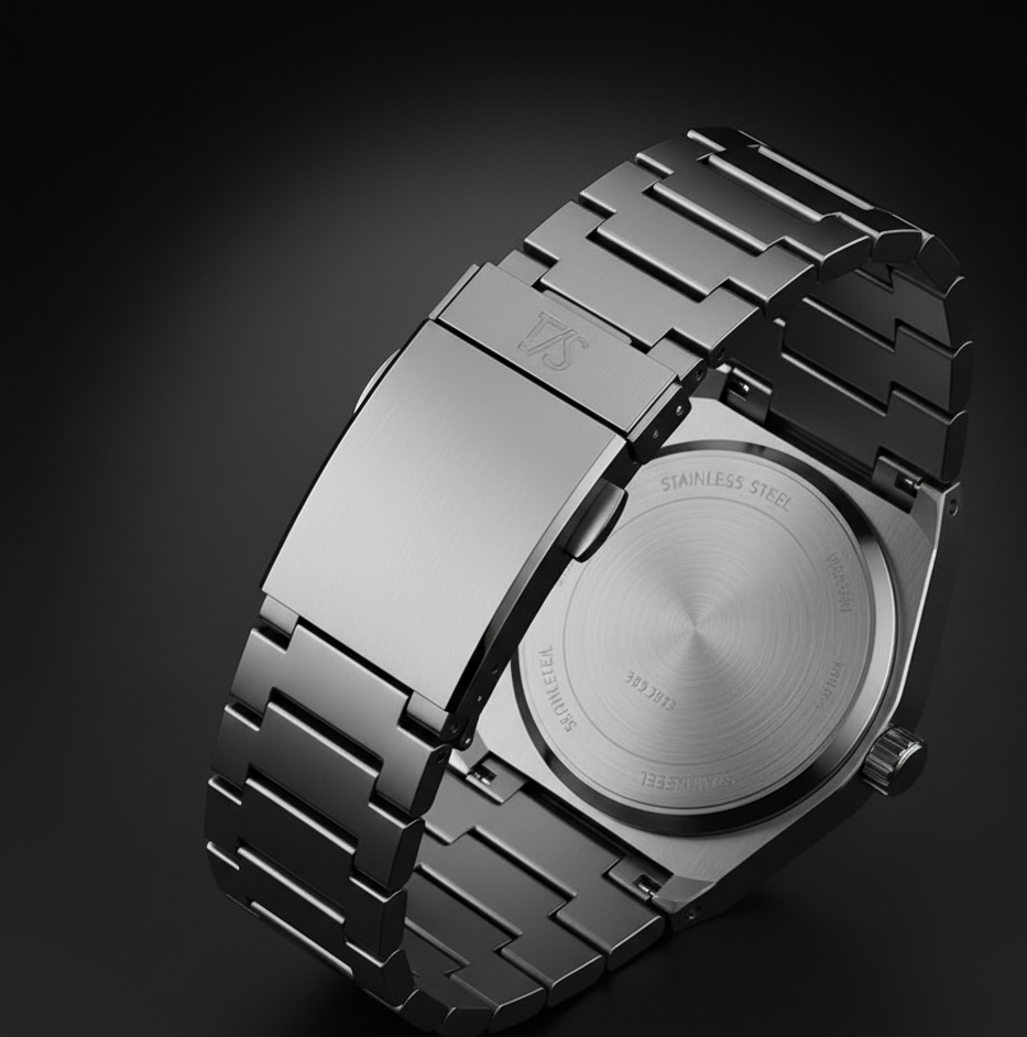 Men's black octagonal quartz watch metal band