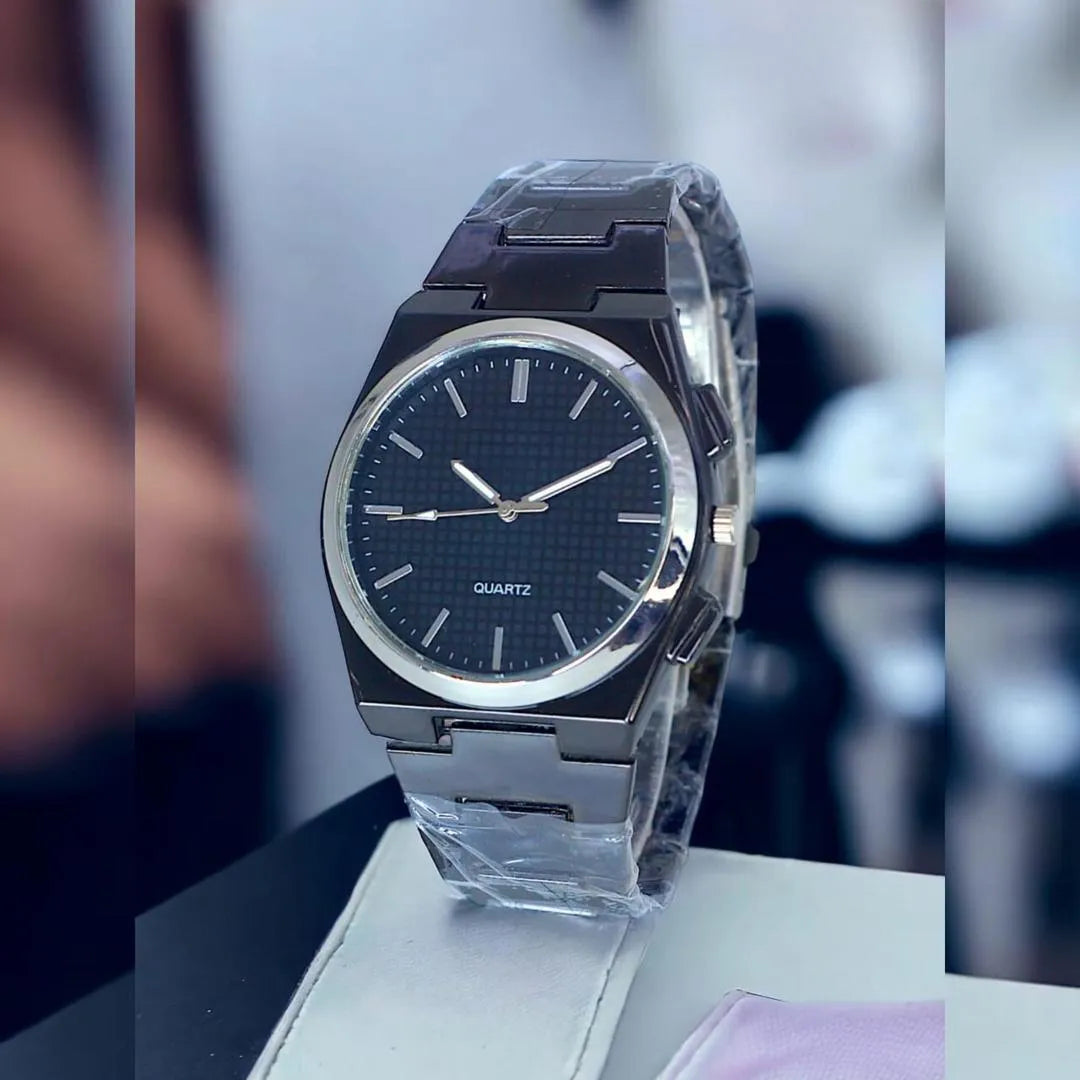 Men's black octagonal quartz watch metal band